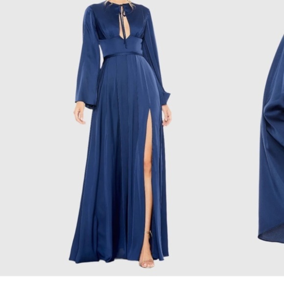 Mac Duggal Dresses & Skirts - NWT | Mac Duggal Blue Charmeuse Soft Tie Keyhole Bell Sleeve Gown Size 6